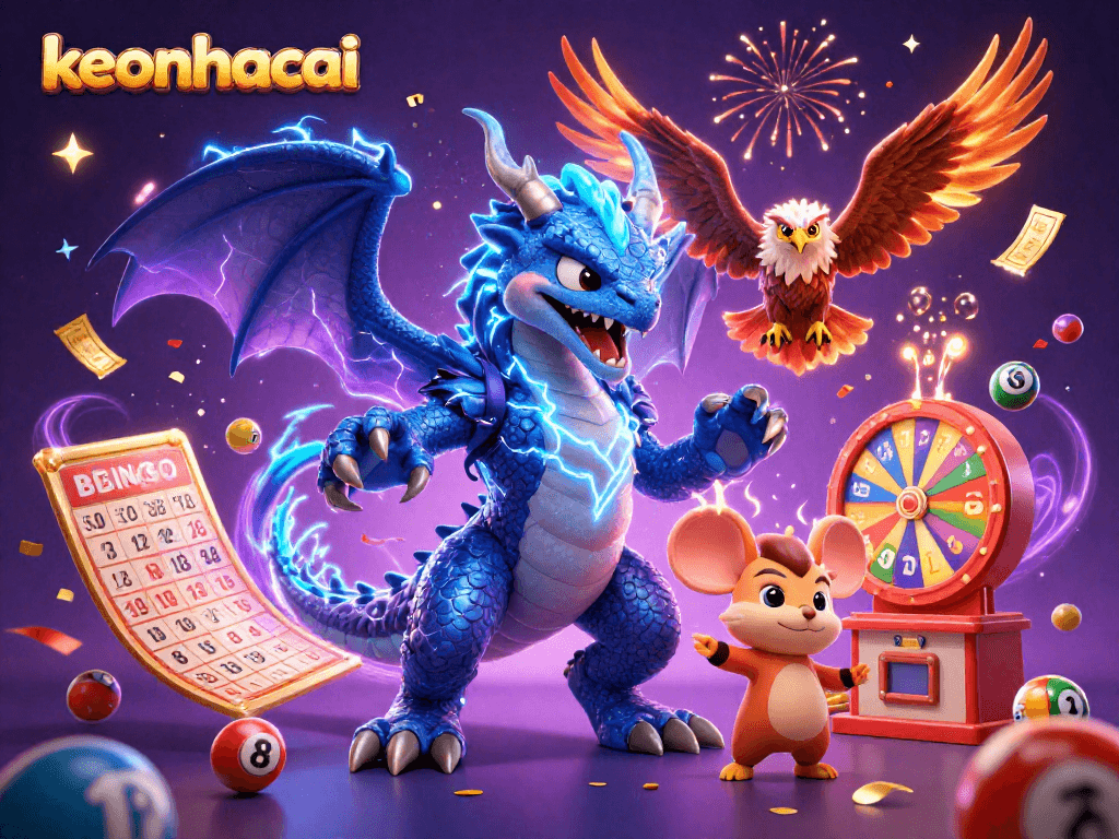 Experience thrilling play with keonhacai's vivid bingo and lottery excitement in a dynamic 3D scene.