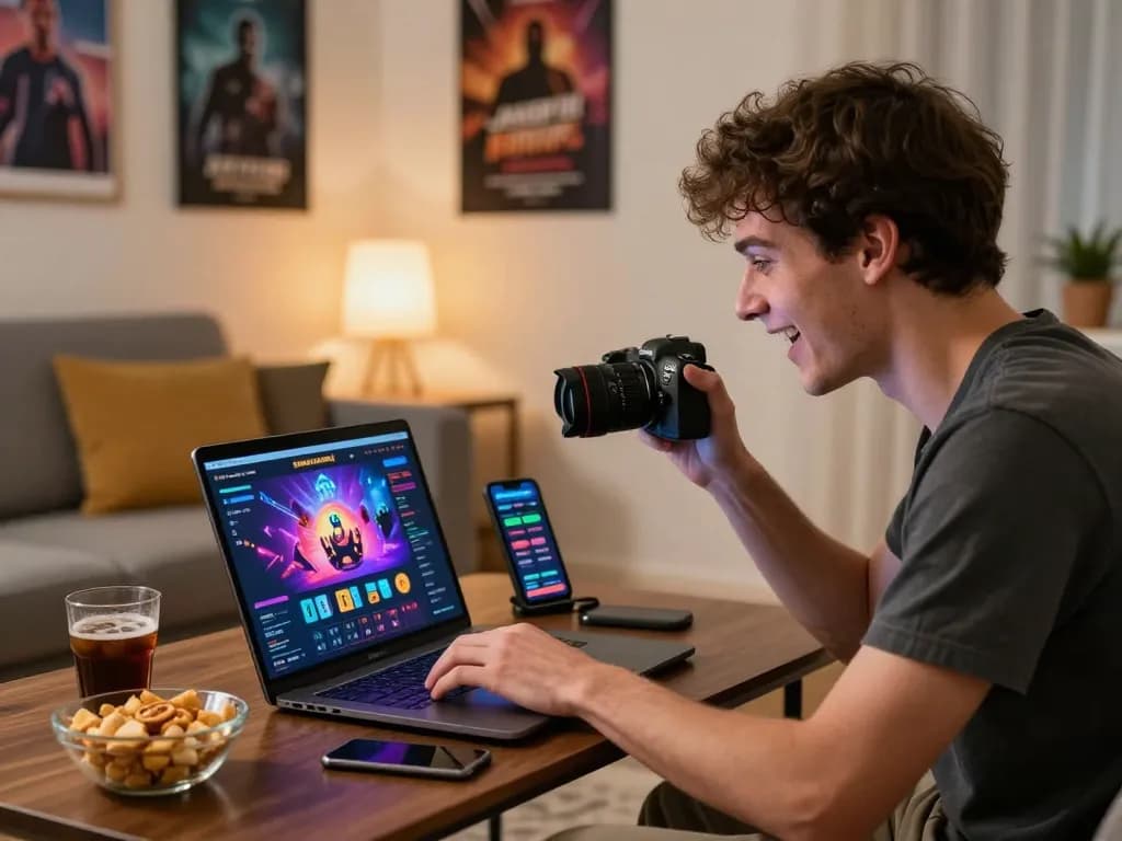 Engaging home gaming environment with a young man experiencing nhà cái Onbet on his laptop.
