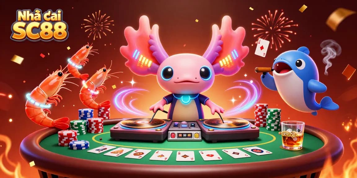 Experience excitement at Nhà cái SC88 with a vibrant casino illustration featuring a DJ axolotl and gaming elements.