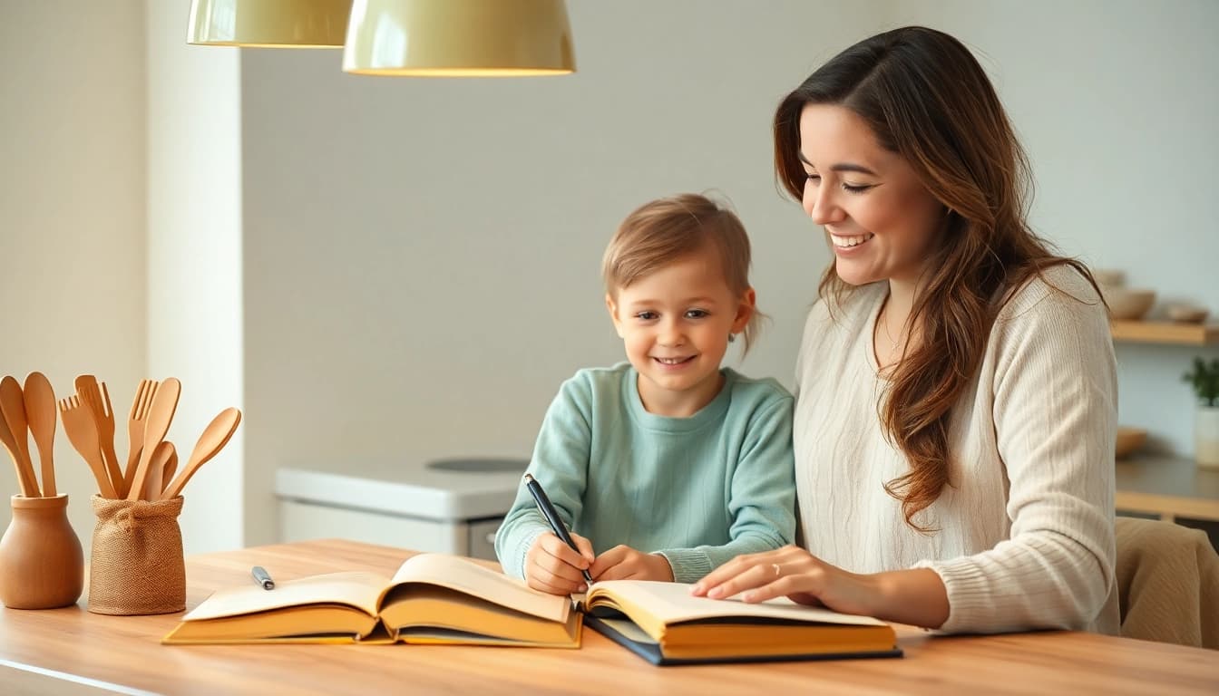 Eine Mutter unterrichtet ihr Kind im Heimunterricht am Küchentisch mit Büchern und Schreibmaterialien.