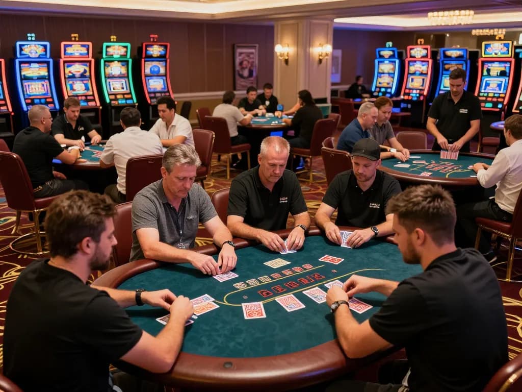 Players strategizing at poker tables at 78win casino, showcasing high-stakes games and excitement.