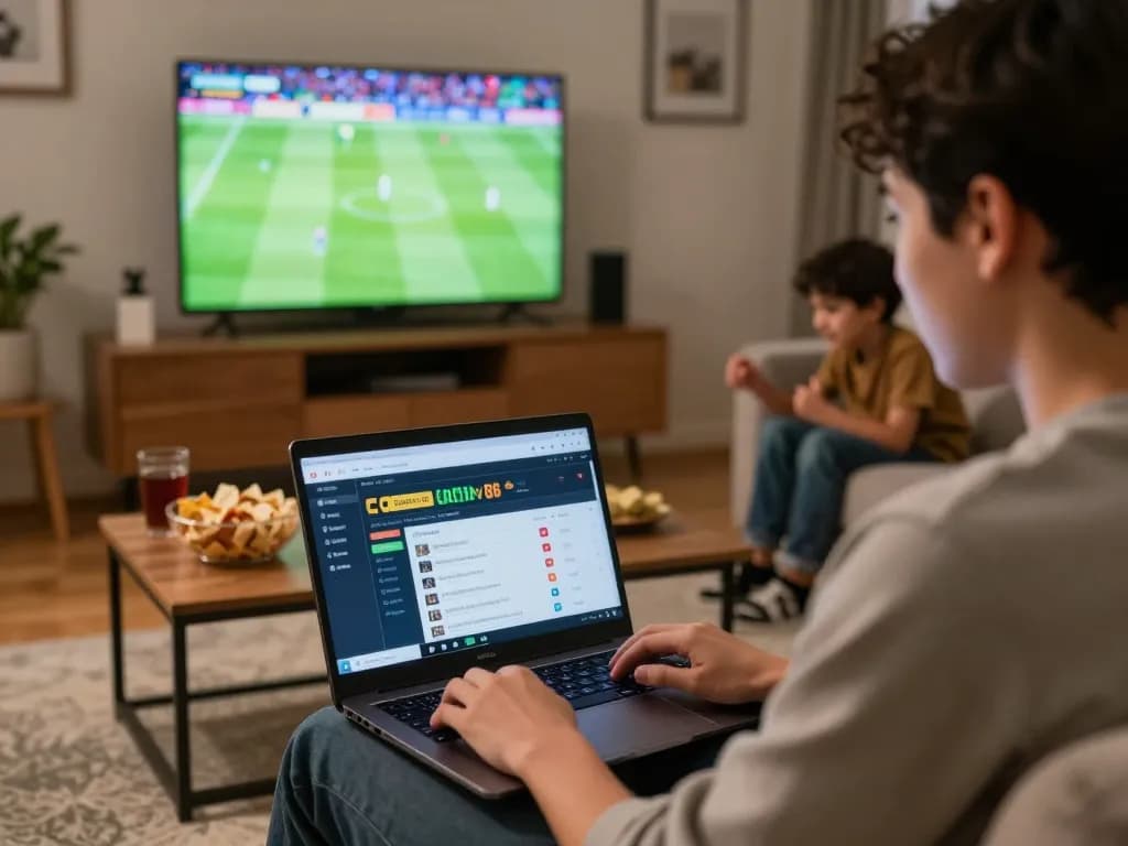 Engaged sports betting on cakhiatv86 with live football match backdrop in a cozy home environment.
