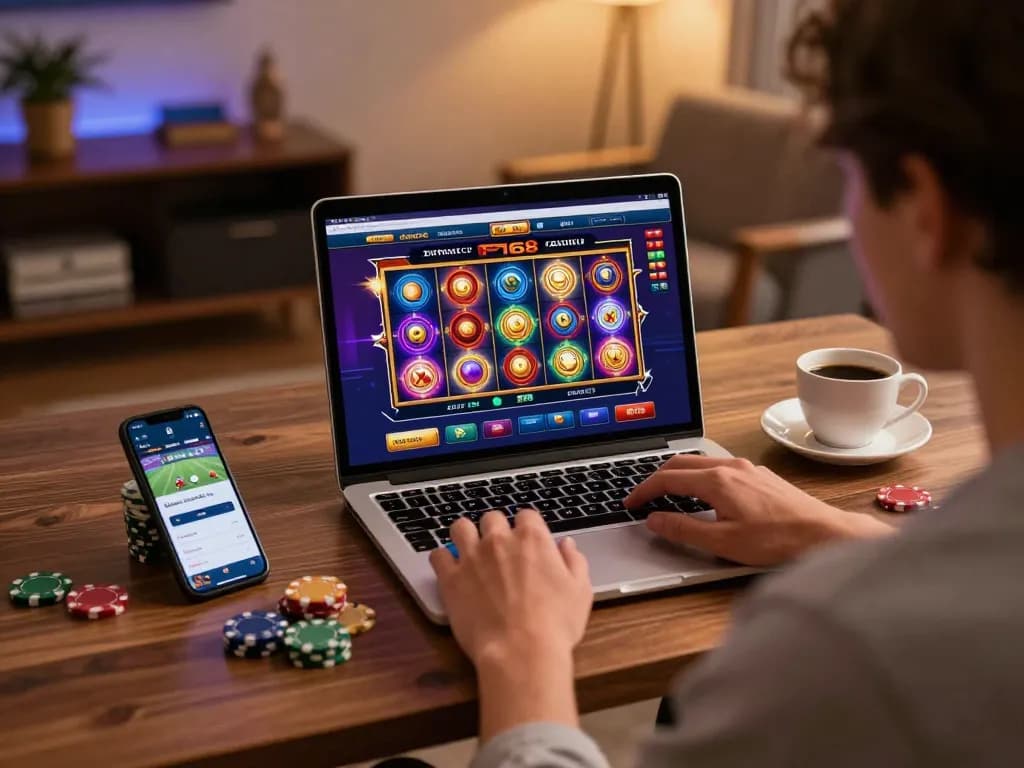 Person engaging in strategic online gaming at F168, showcasing a vibrant laptop casino interface with colorful slot game.
