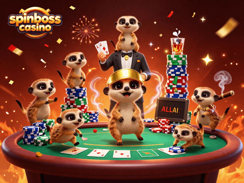 Spinboss Casino: Erdmännchen in einem lebhaften Casino mit Poker-Elementen und festlicher Atmosphäre.