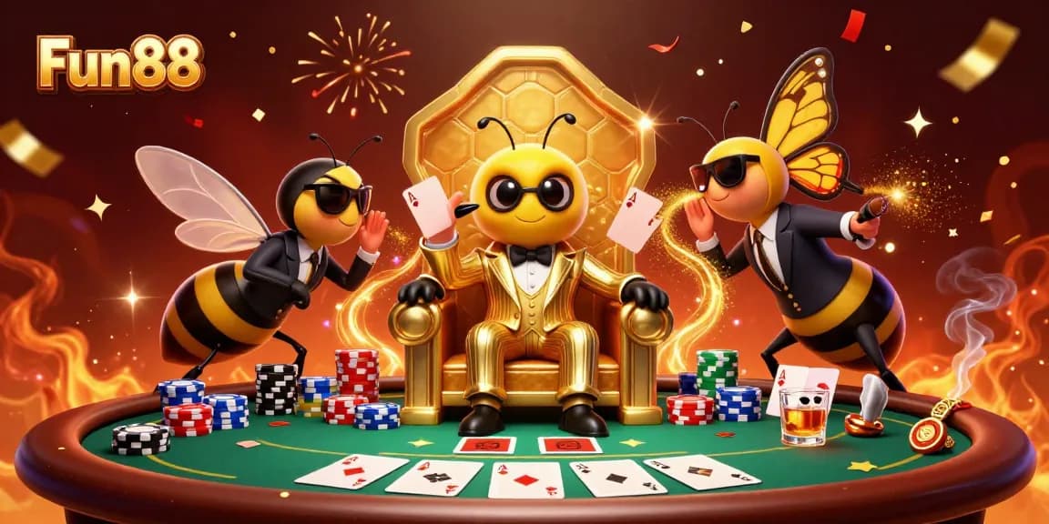 Engage in thrilling poker action with Fun88's vibrant bumblebee mob boss themed illustration.
