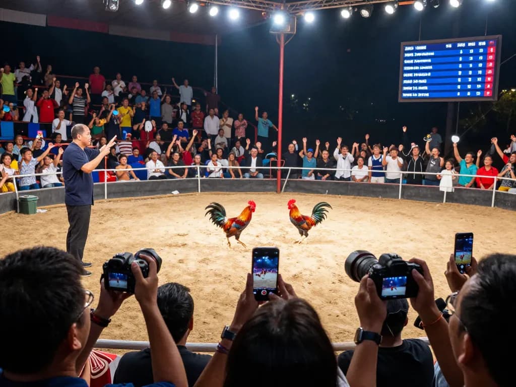 Excitement of đá gà trực tiếp thomo as spectators enjoy a live cockfighting match with roosters in action