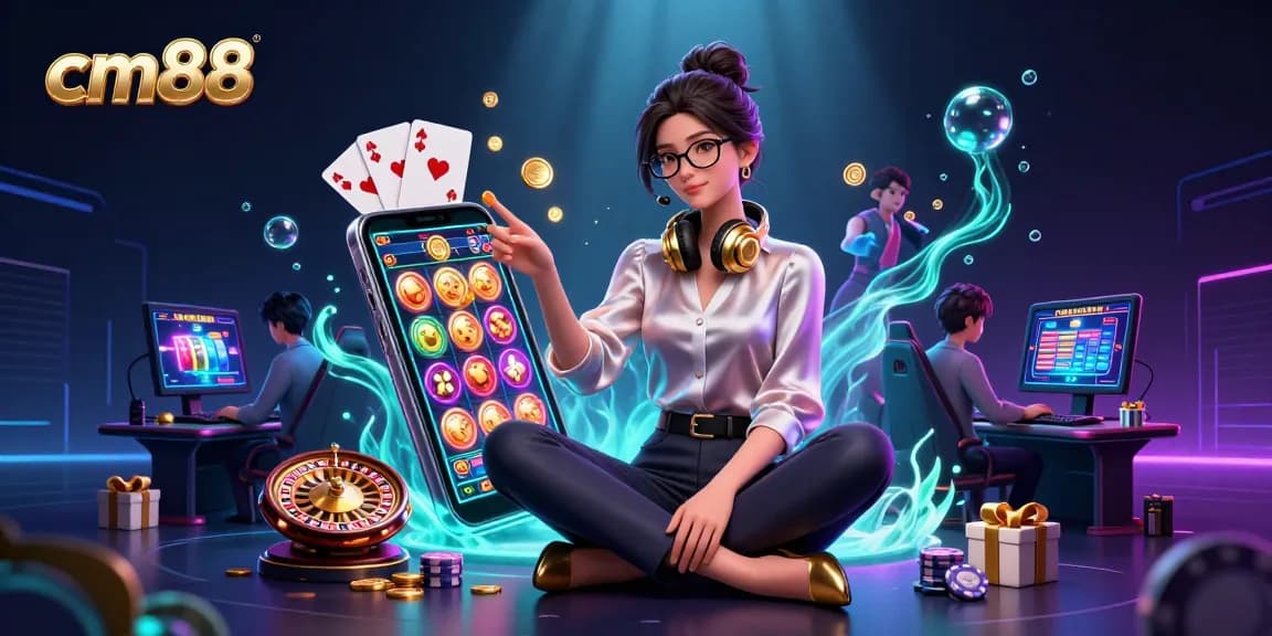 Engage with cm88's vibrant gaming scene featuring an elegant woman in a high-tech casino setup.