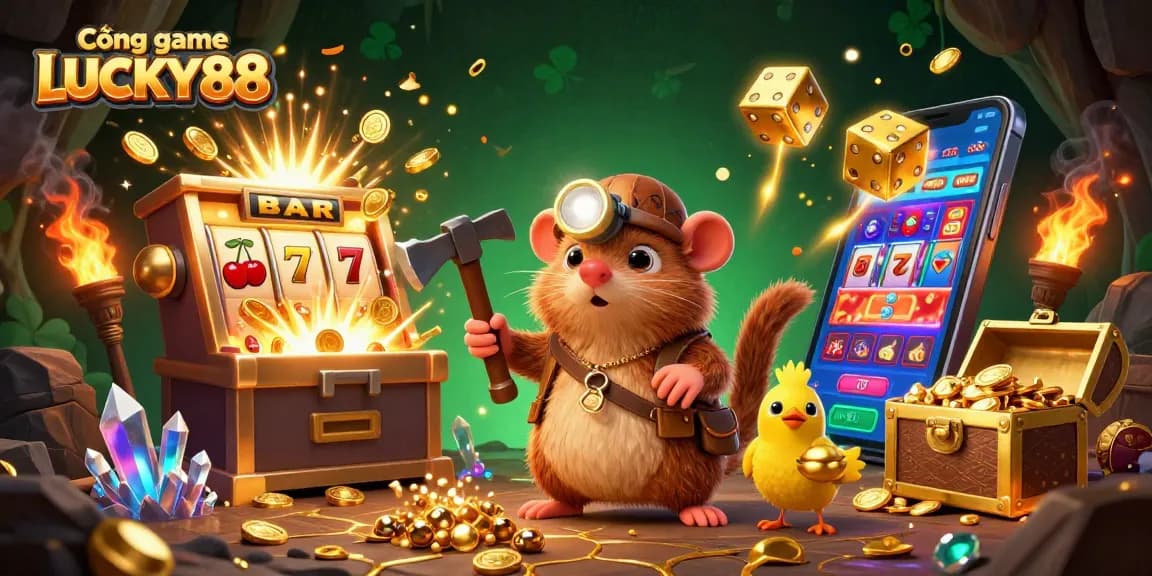 Cổng game LUCKY88 showcases an illustrated treasure hunter mole discovering jackpot treasures in a vibrant gaming atmosphere.