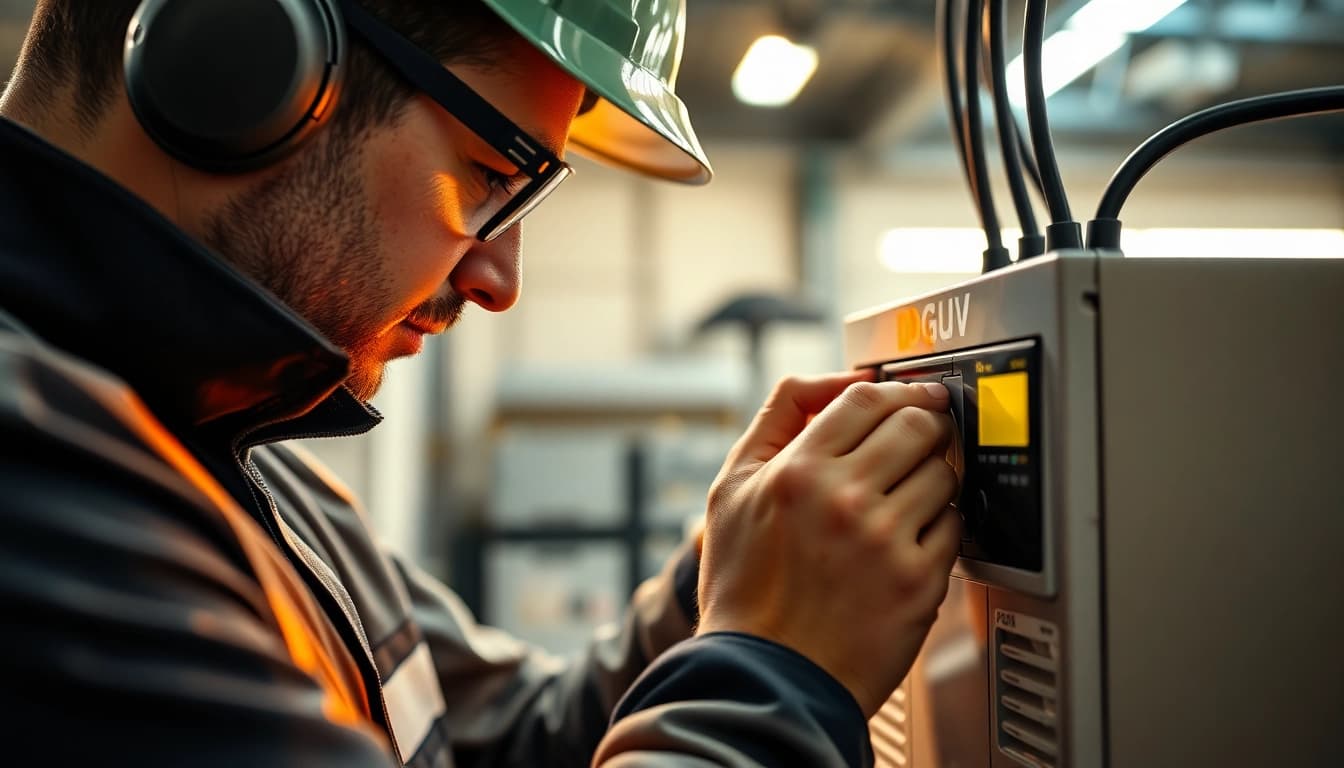 Technician carrying out DGUV V3 Prüfung to ensure safety compliance of electrical equipment.