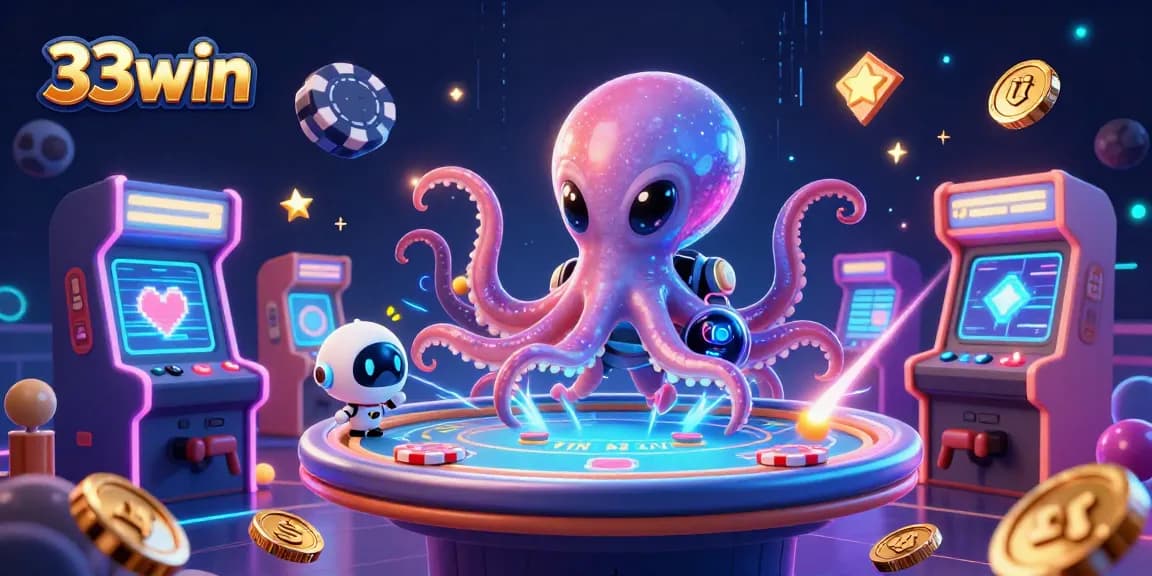 33win offers players dynamic gaming with alien octopus and robot at a holographic poker table.