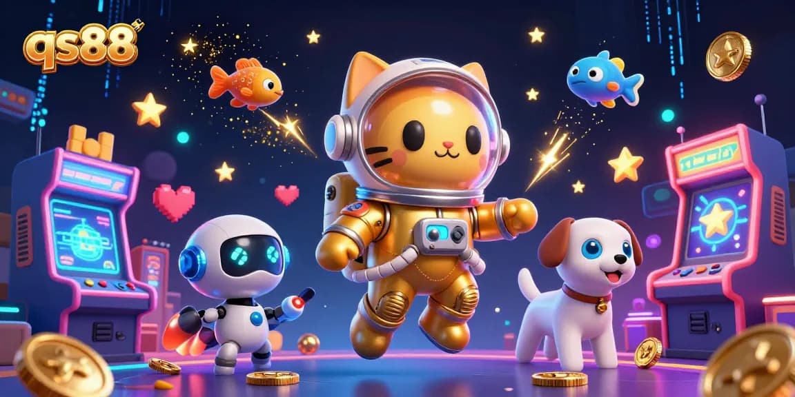 Experience thrilling gambling with qs88 in an energetic 3D space scene of winning symbols and playful characters.