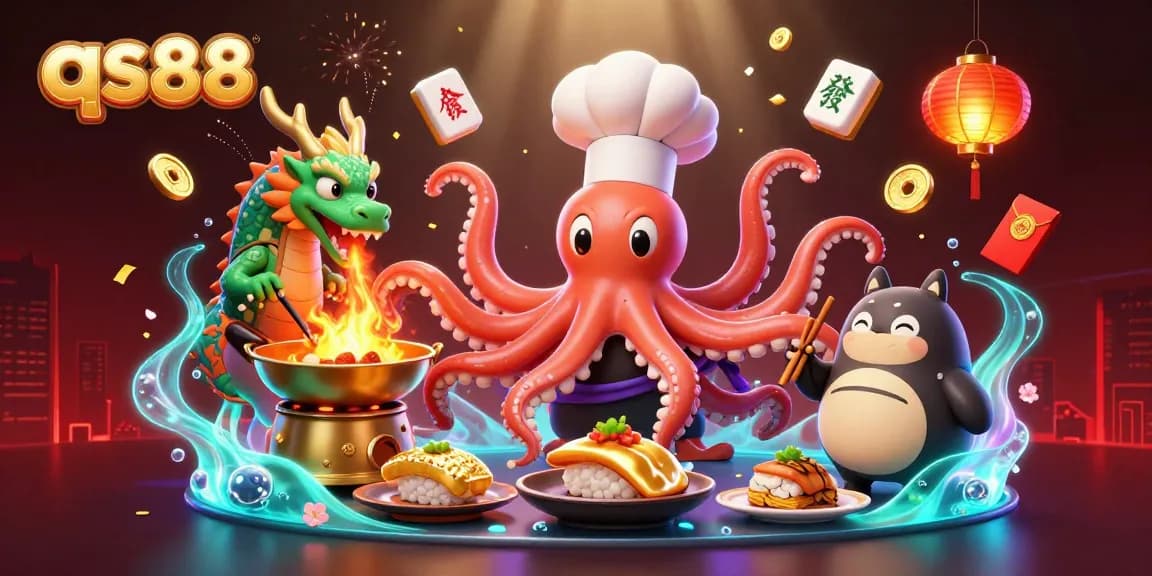 Experience thrilling gameplay at qs88 with a vibrant illustration showcasing an octopus chef and dragon in a dynamic casino setting.