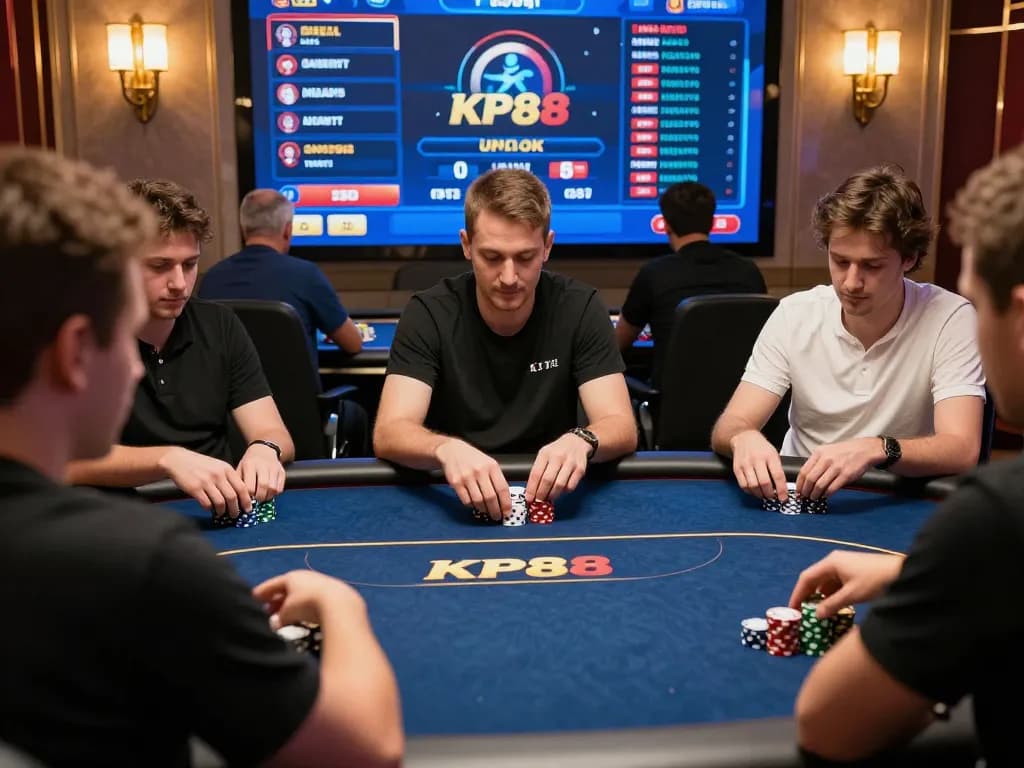 Players strategizing in poker on KP88 VIP platform, capturing focus and excitement.