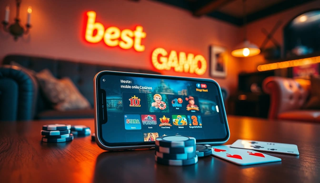 Entdecken Sie die besten mobile online Casinos auf einem modernen Smartphone mit spannenden Spielen.