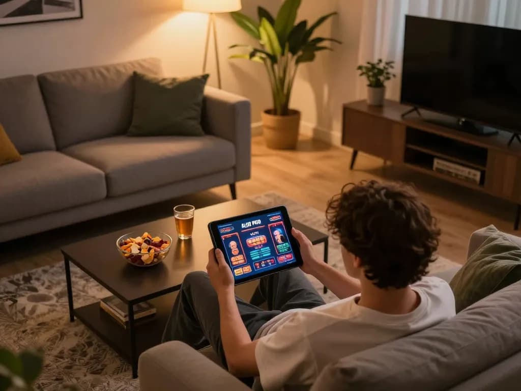 Engaging in online gaming at ALO8 PRO with a tablet, enjoying a cozy home environment.