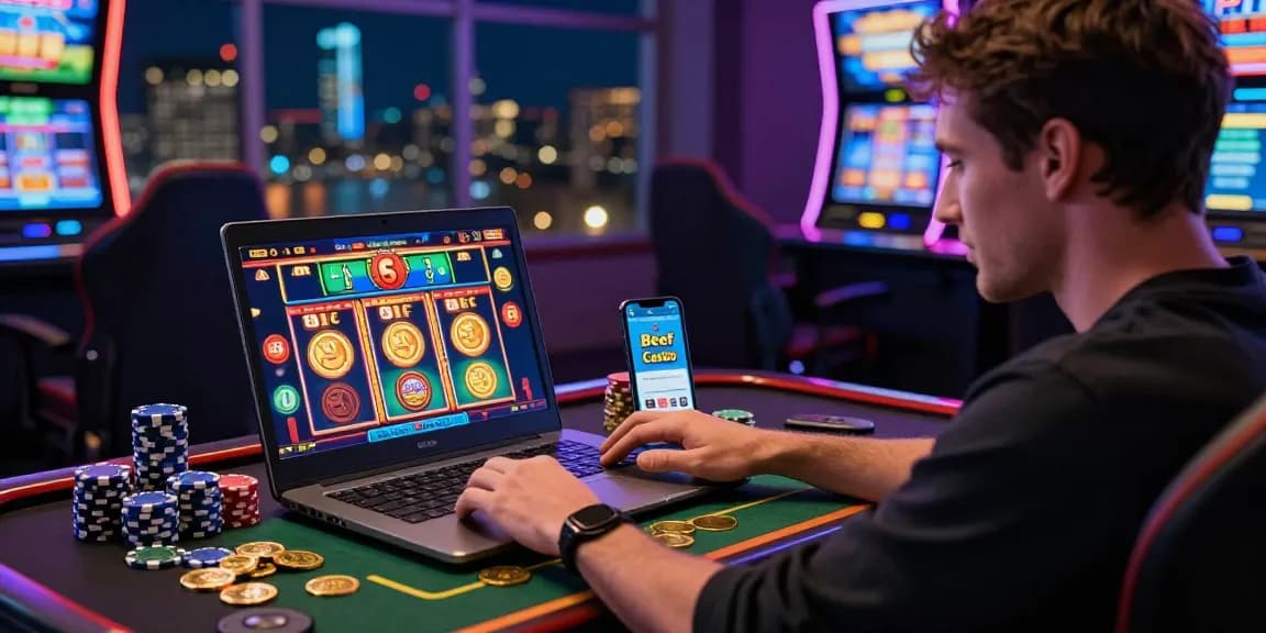 Beef Casino Spieler genießt aufregendes Spiel, Laptop und Casino-Atmosphäre.