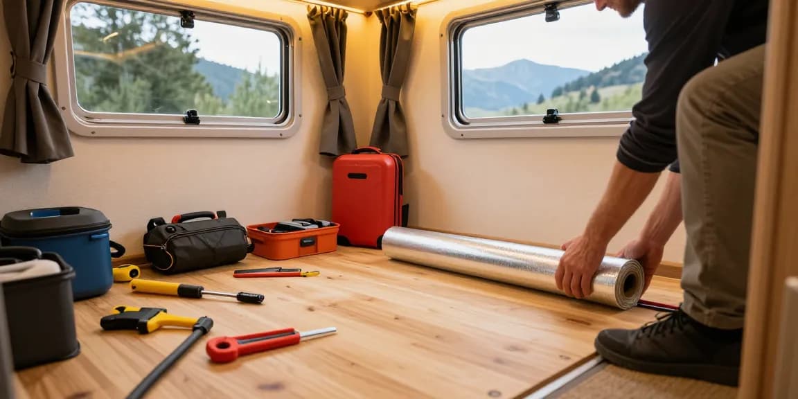 Installation der Wohnmobil Fußbodenheizung in einem gemütlichen Camper-Innenraum mit Werkzeug und Heizfolie.