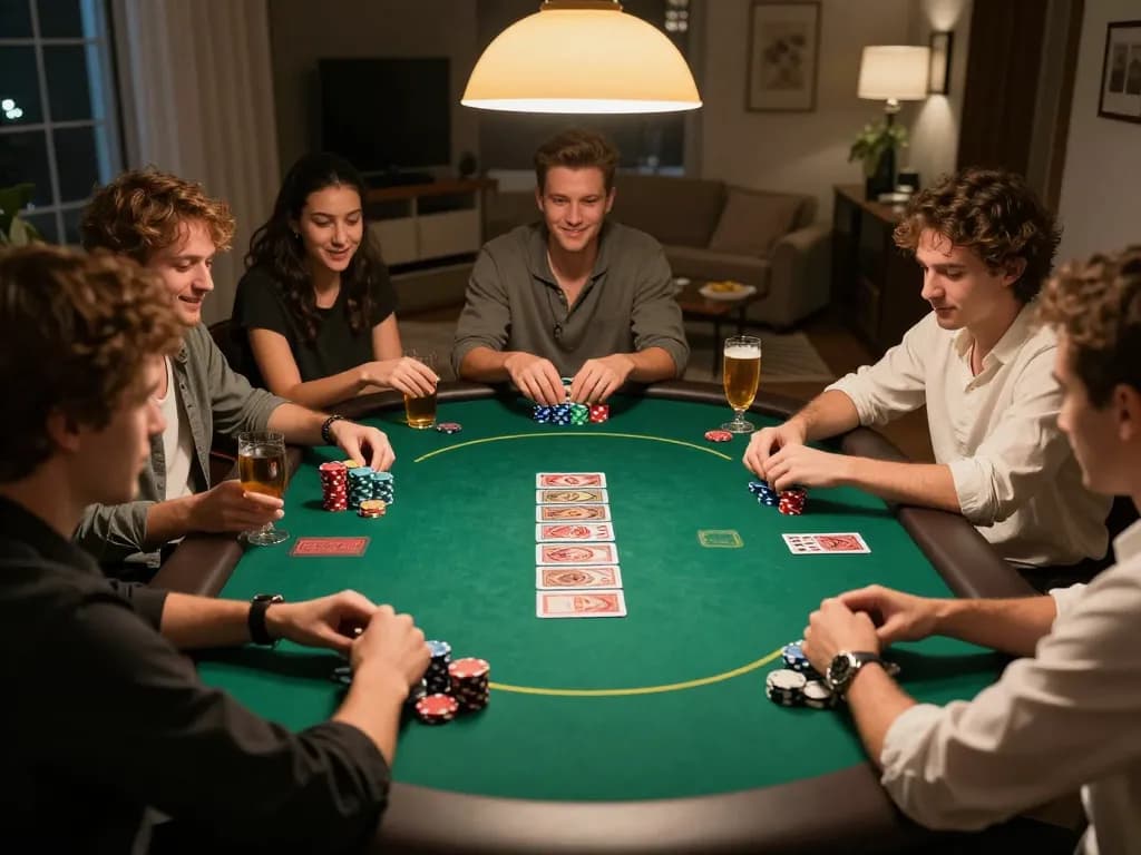 Players enjoy ฟุตบอล-themed poker night with chips and cards in a cozy atmosphere