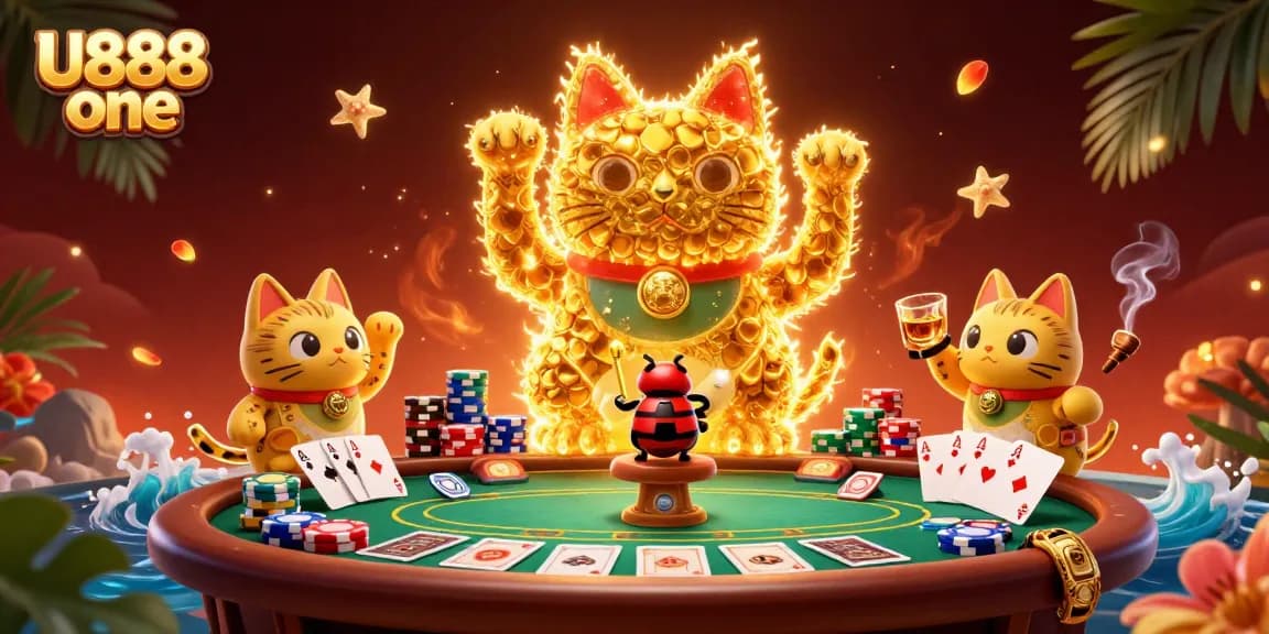 Play thrilling poker games at U888 one with exciting visuals of a lucky cat and vibrant casino elements.
