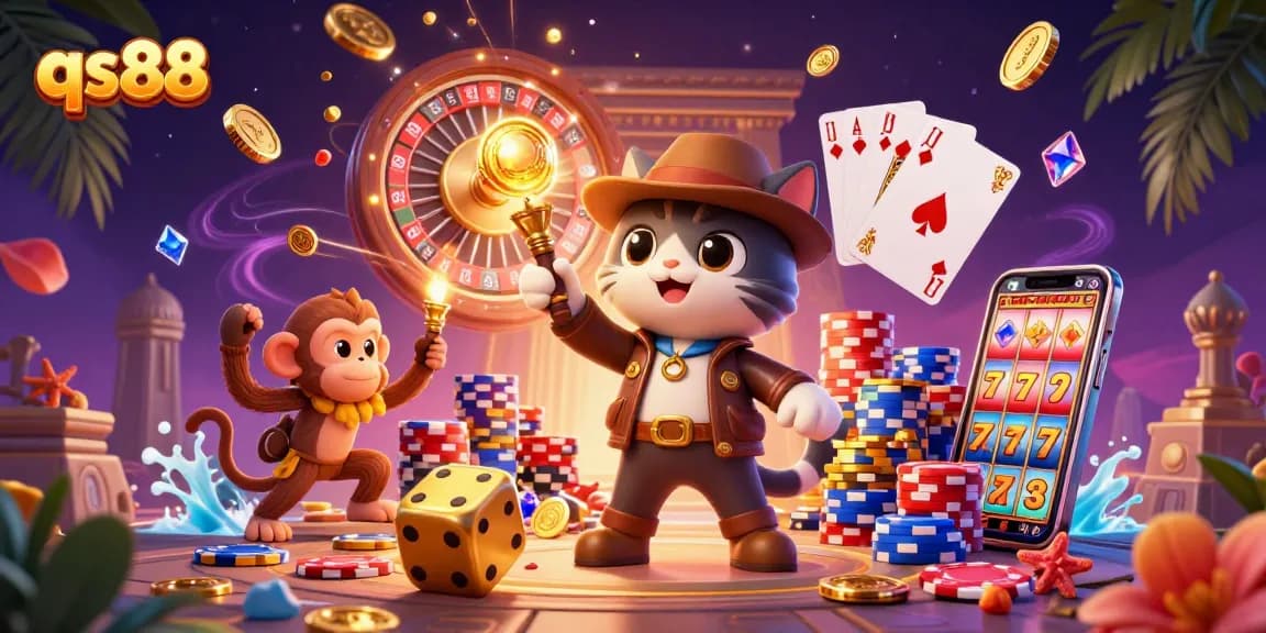 Win big at qs88 with a 3D scene featuring a cat explorer uncovering golden casino treasures.