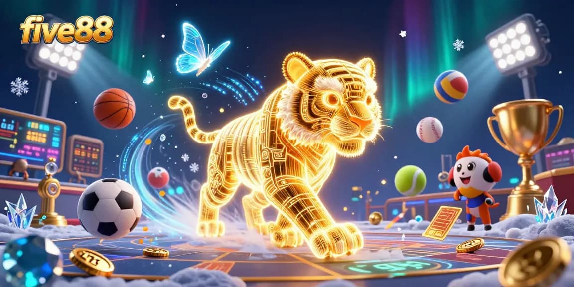 Engage in thrilling gameplay at five88 with a neon-wireframe golden tiger amidst dynamic sports elements.