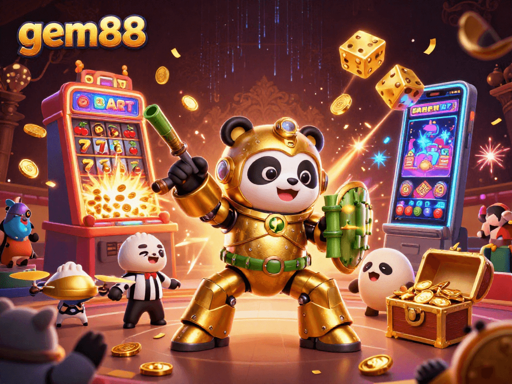 Experience vibrant online gaming with gem88, featuring a mech-suit golden panda and a jackpot explosion.