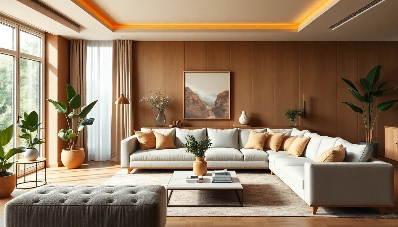 Elegantes Wohnzimmer mit warmer Farbpalette für perfekte Raumgestaltung.