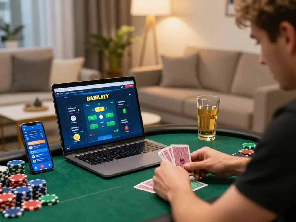 Player strategizing in go8 online poker game at home with vibrant decor and cozy atmosphere