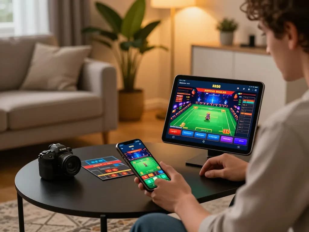 Player enjoying a live dealer game on the RR88 app, surrounded by casino atmosphere in a cozy home.
