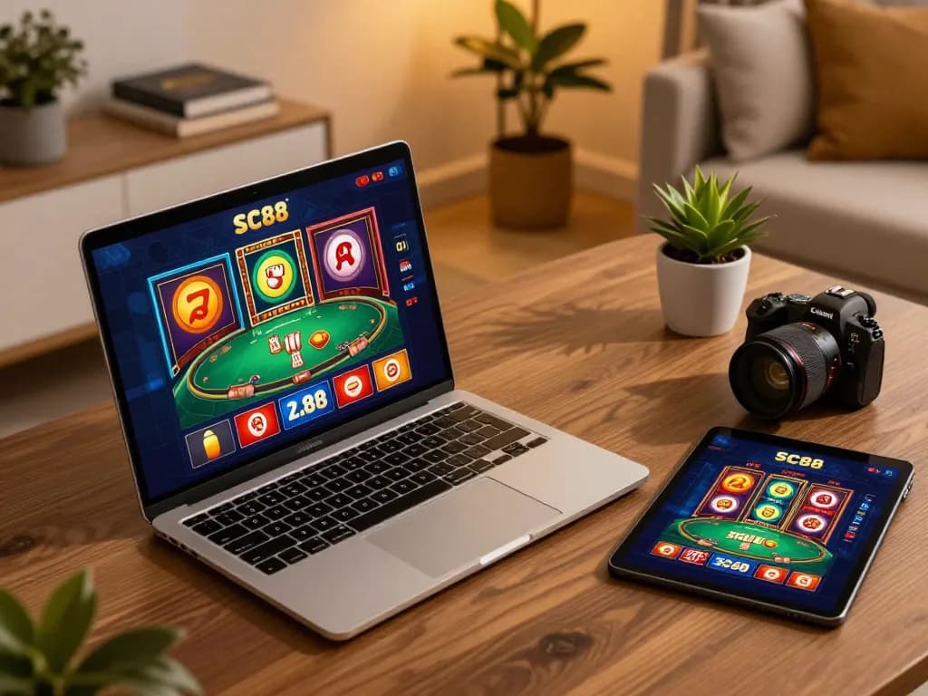 Player engaging in SC88 online gaming, showcasing interactive casino games on tablet in a cozy home setting.