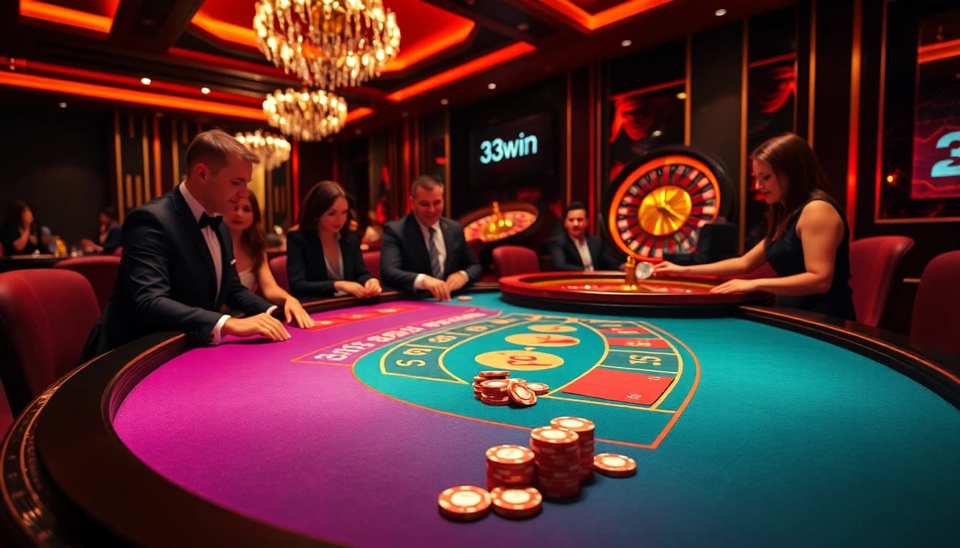 Players enjoying a thrilling game of blackjack at a vibrant 33win casino table.