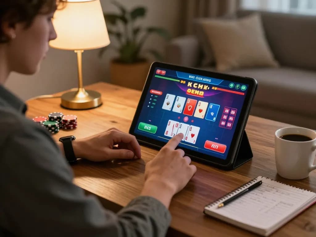 Engage in an exciting lc88 table poker game from a cozy home setup with strategic notes.