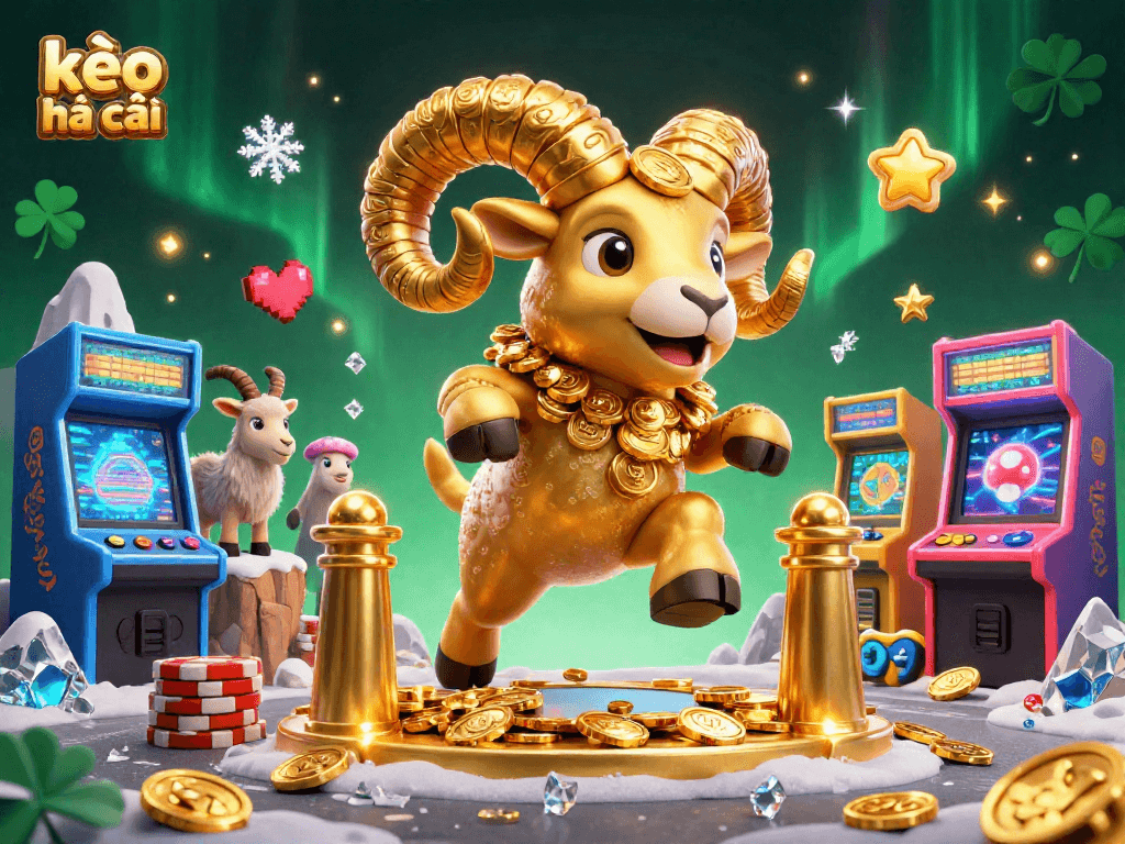 Engage in sports betting with kèo nhà cái as a golden ram charges through a vibrant arcade scene.