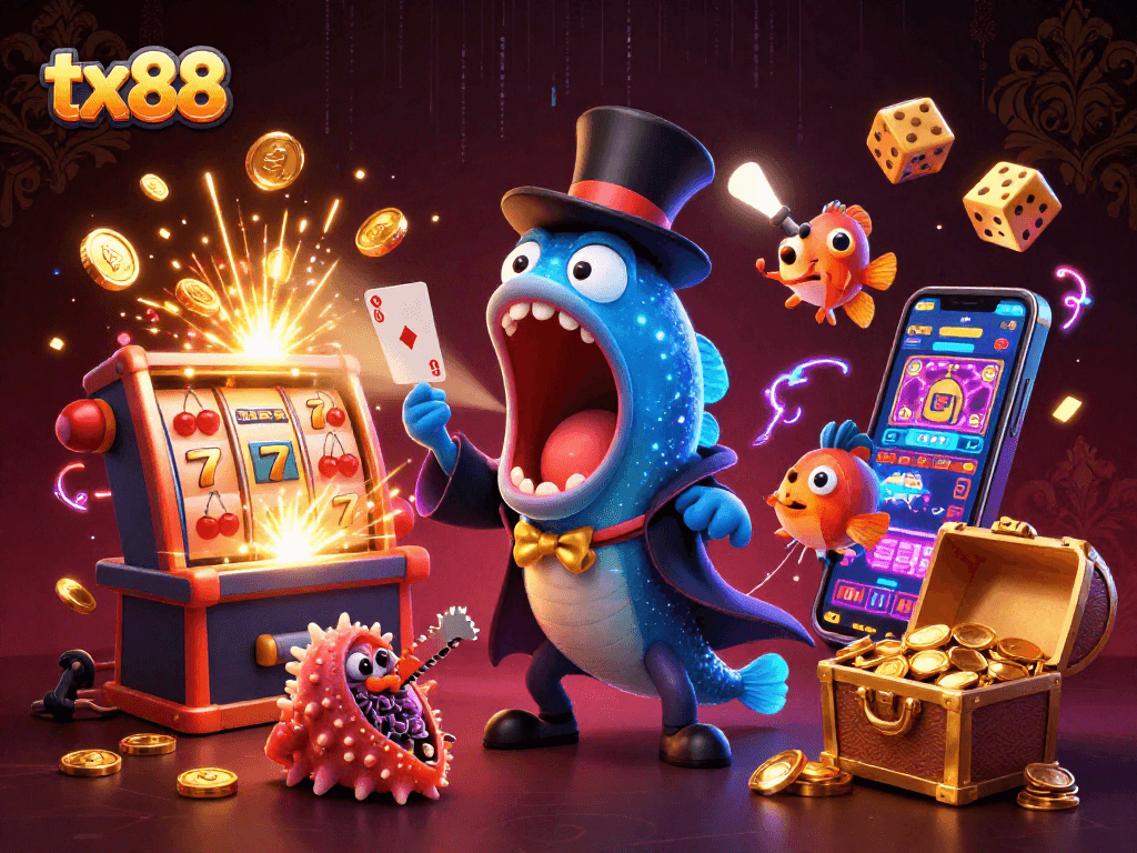 Engaging tx88-themed casino illustration with vibrant characters showcasing card tricks and jackpot excitement.