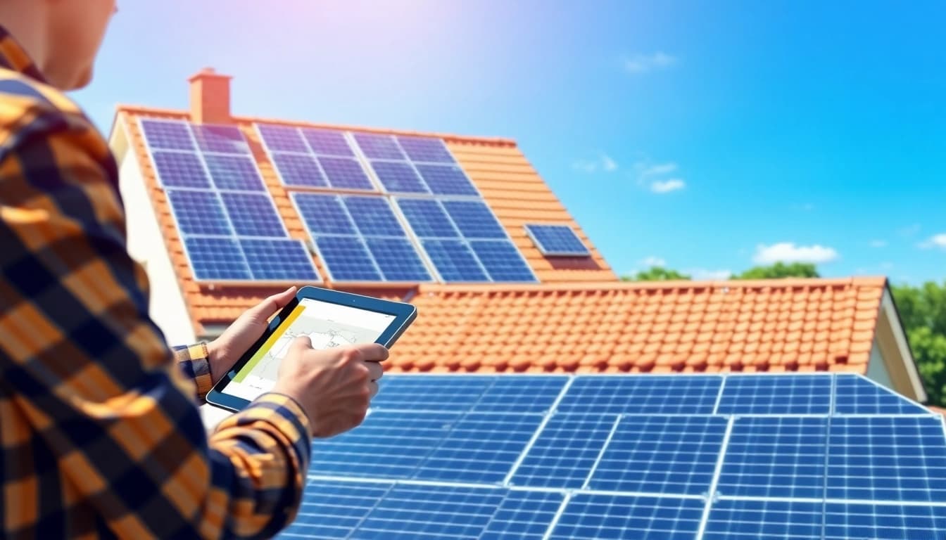 Photovoltaik Dachplanung mit einem Designer, der digitale Pläne auf einem Tablet erstellt.