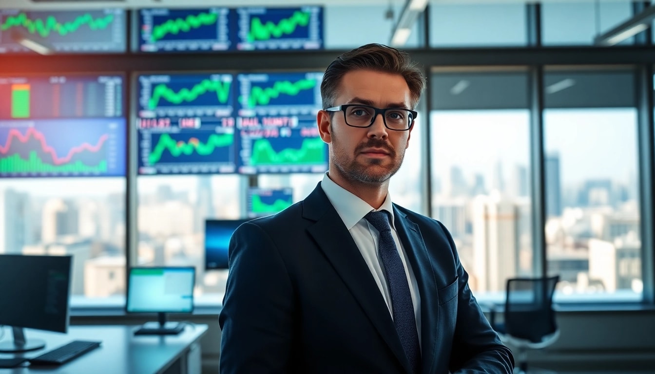 Finanzanalyst analysiert Wertpapiere in einem modernen Büro mit realen Börsendaten.