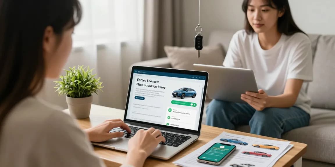 Kfz Versicherung Dortmund: Junges Paar vergleicht Autoversicherung online in ihrem Wohnzimmer.
