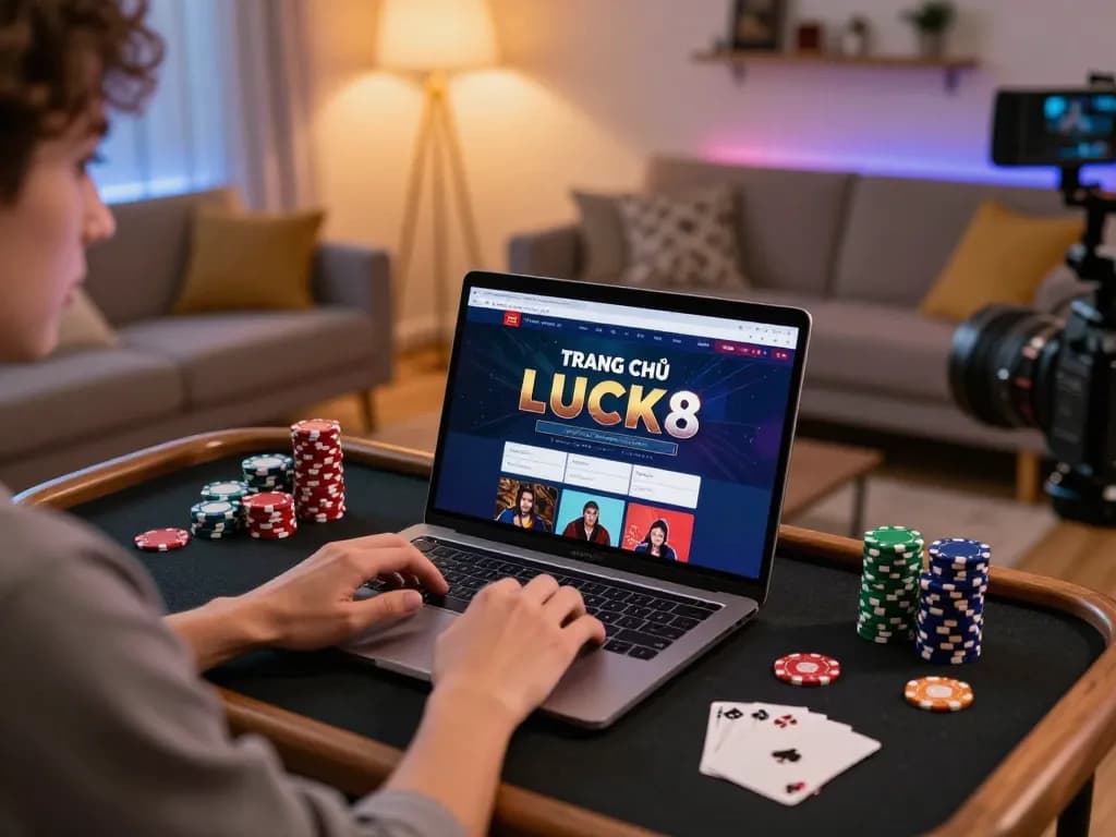 Engaging with TRANG CHỦ LUCK8 using a laptop from the comfort of home