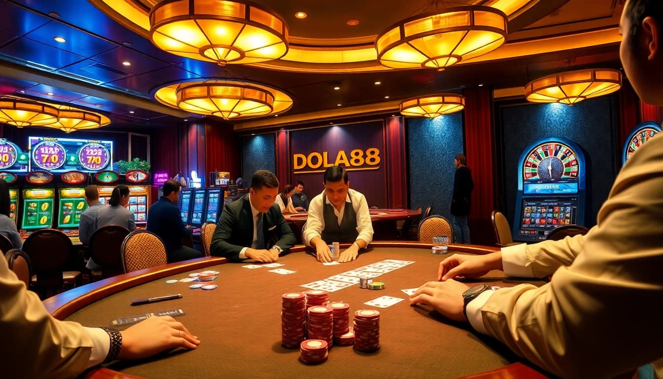 DOLA88's thrilling casino environment with poker games, vibrant slot machines, and a luxurious ambiance.