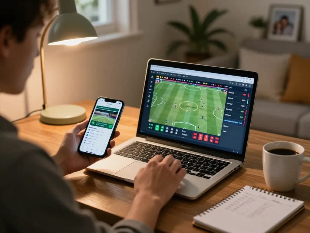 Active sports betting session at trang chủ TG88 with laptop and smartphone, showing odds and strategic notes