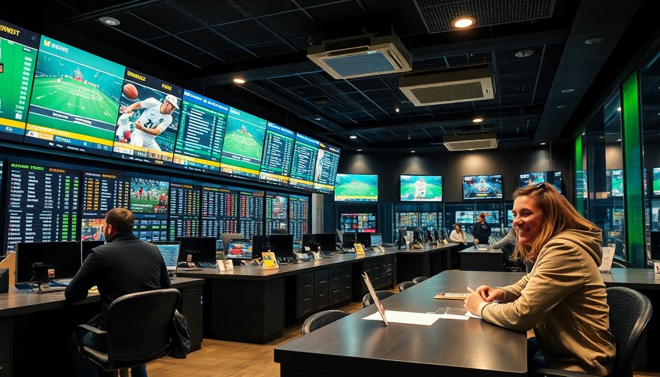 Erleben Sie die Aufregung von sportwetten ohne einzahlungslimit in einem modernen Wettbüro mit begeisterten Kunden und Live-Übertragungen.