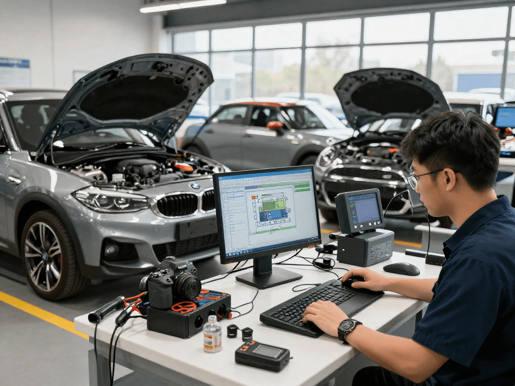 Chiptuning Hannover - Professionelle Mechaniker bei der Arbeit an BMW und MINI Fahrzeugen in einer modernen Werkstatt