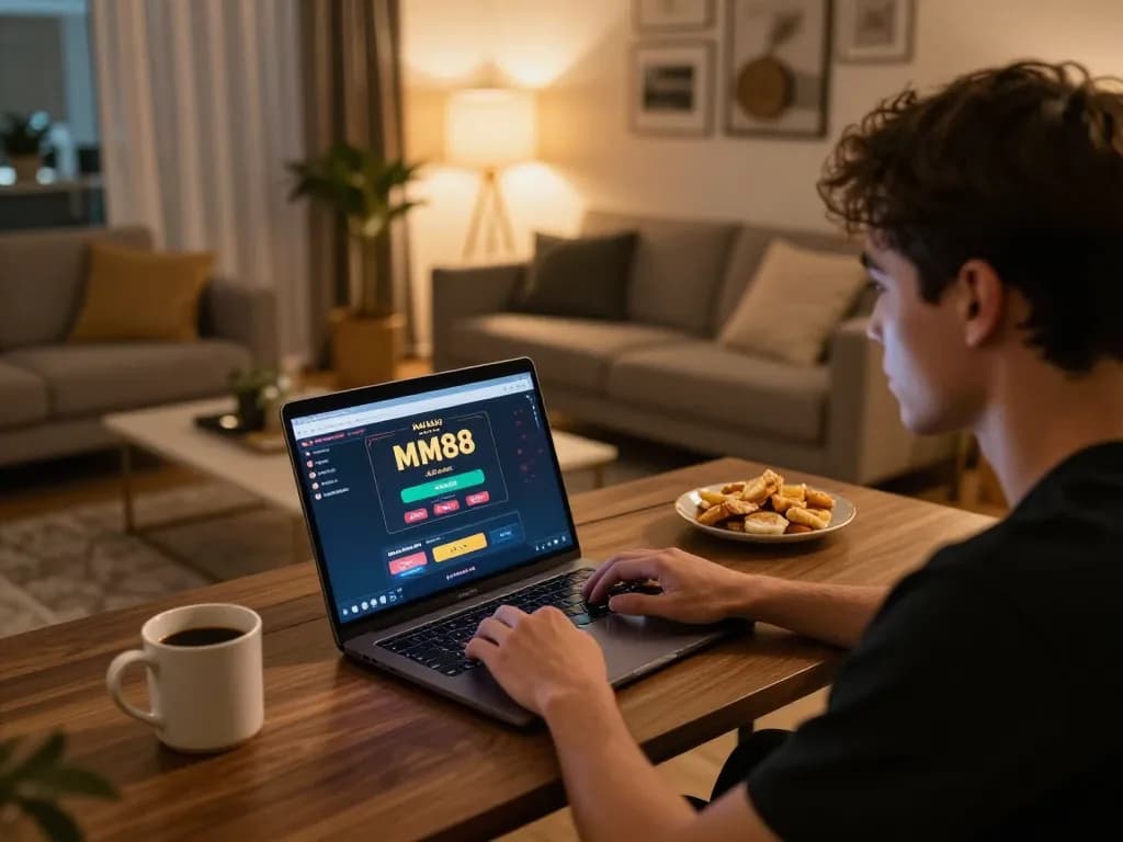 Engaged player navigating the nhà cái MM88 online casino interface from a cozy home setup.