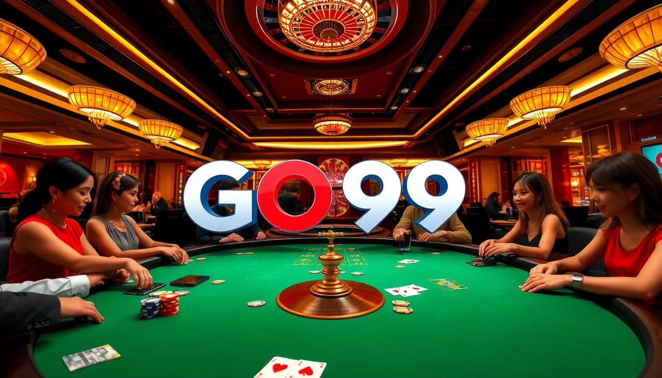 GO99 players engage in a thrilling poker game with vibrant chips and cards.