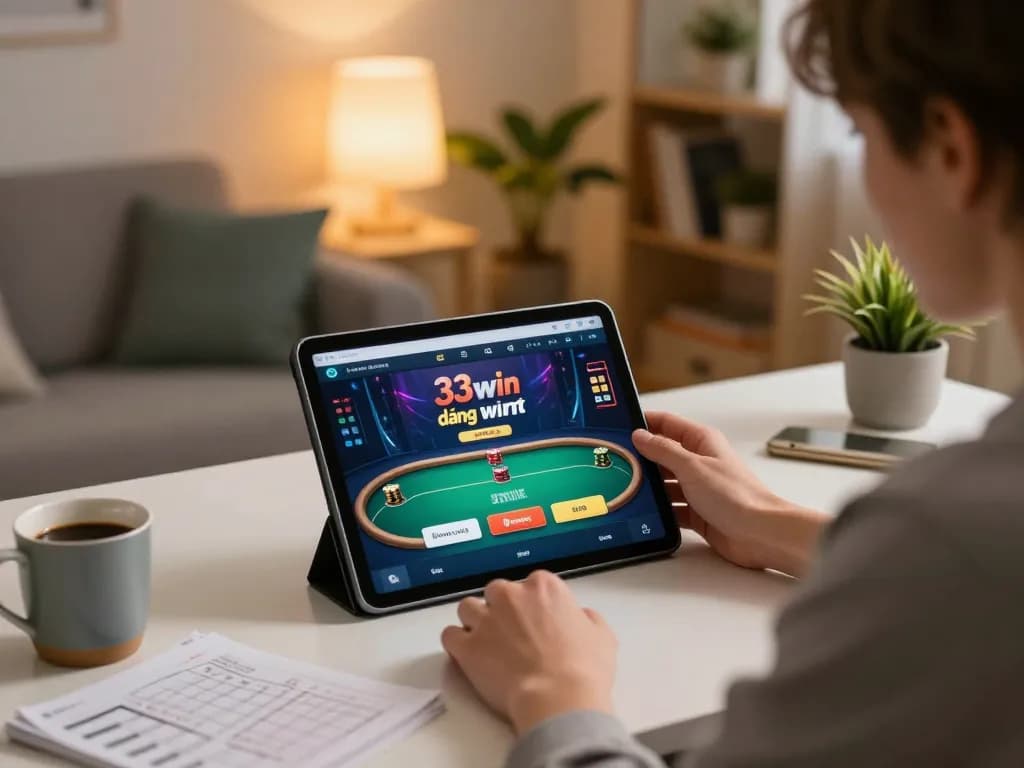Engaging in online poker activity through đăng nhập 33win on a cozy home tablet