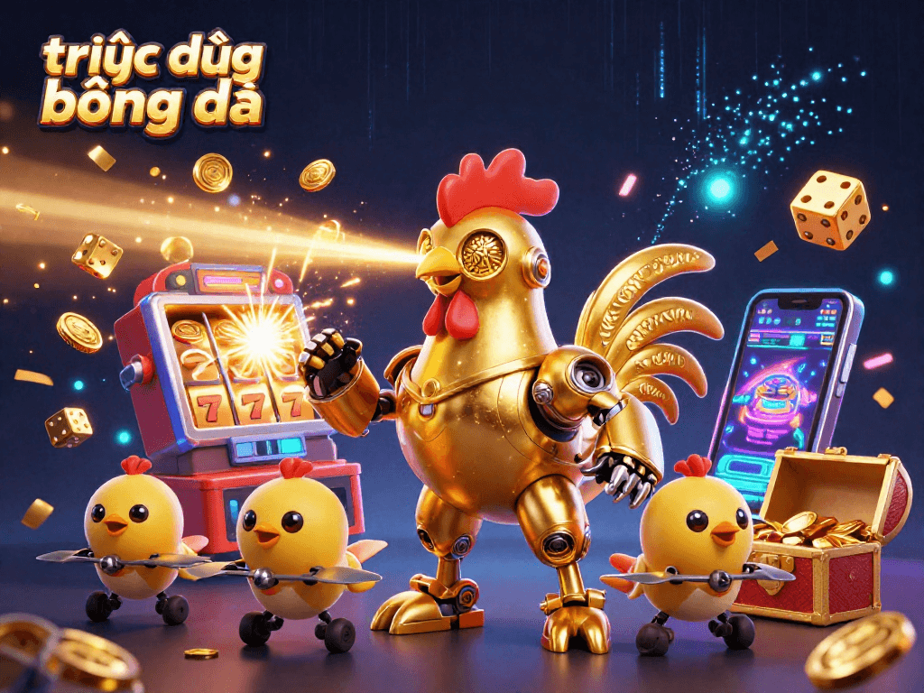 Watching trực tiếp bóng đá with excitement as the golden rooster robot and chick drones celebrate jackpots