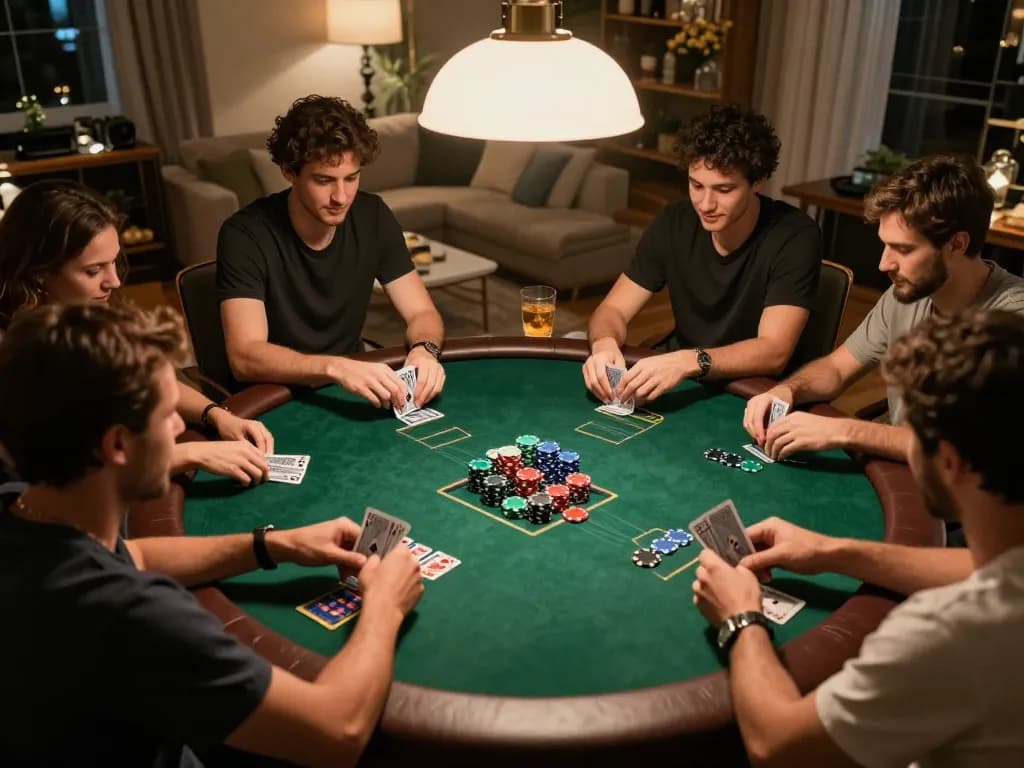 Friends playing poker at home during a game night, showcasing q23win.com gaming excitement.