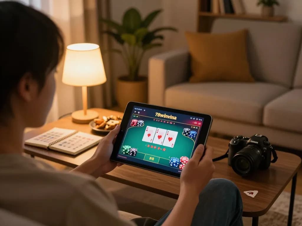 Engaging with online poker gameplay on 78winvina from a cozy home gaming setup