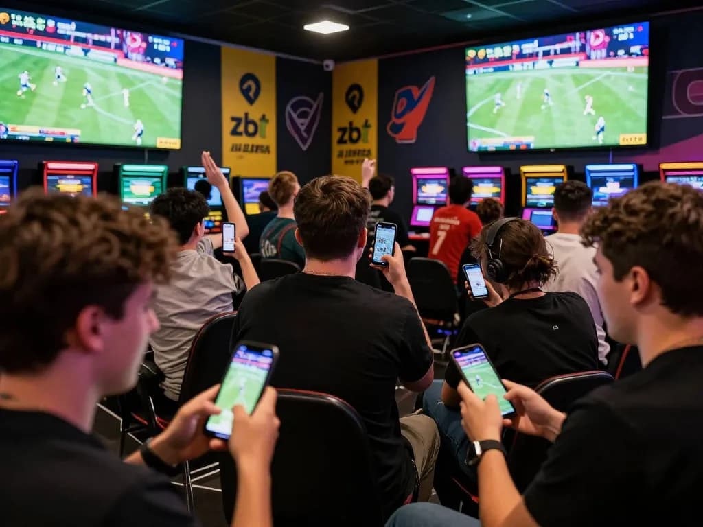 Exciting zbet sports betting scene with fans cheering and live match displays.