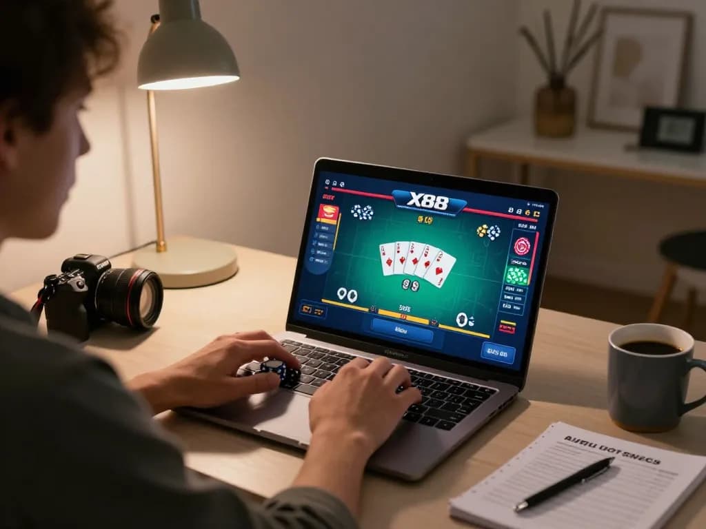 Engaging in an X88 online poker game at a cozy home setup, showcasing responsible gambling
